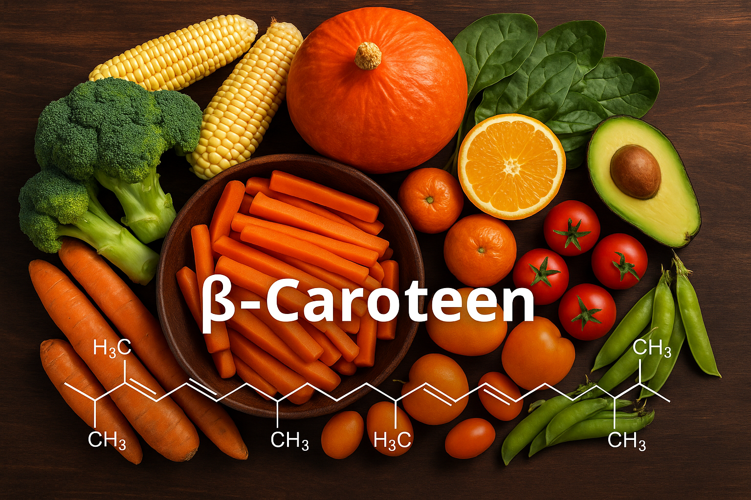 Voedingsmiddelen rijk aan bètacaroteen, zoals wortel, pompoen, sinaasappel en kiwi – natuurlijke bron van provitamine A voor huid en ogen