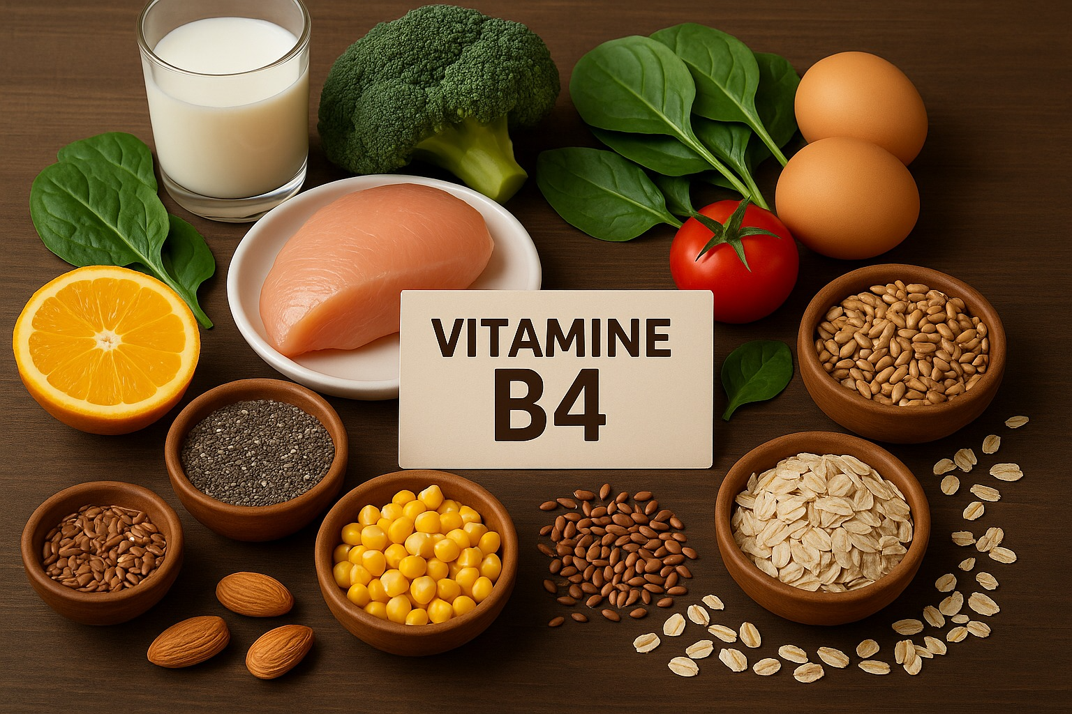 Voedingsmiddelen rijk aan vitamine B4 (choline), zoals eieren, lever, noten en peulvruchten – belangrijk voor hersenen en leverfunctie.