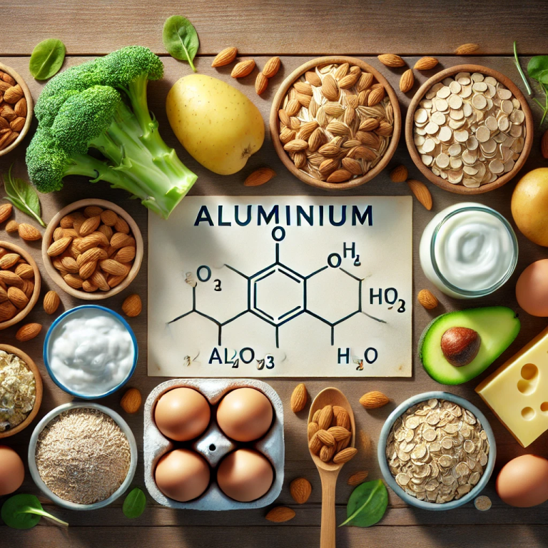 Afbeelding van aluminiumrijke voeding en moleculen – uitleg over natuurlijke en synthetische bronnen van aluminium in voeding en het lichaam.