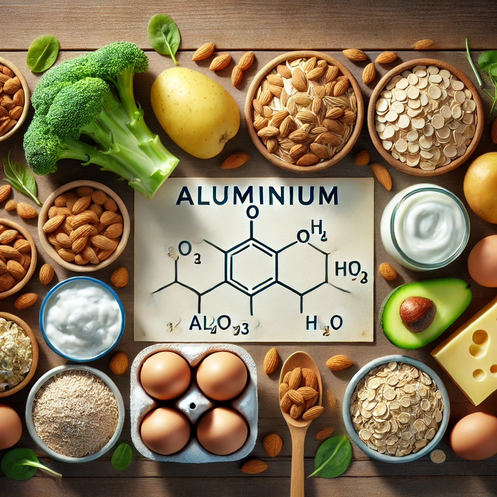 Afbeelding van aluminiumrijke voeding en moleculen – uitleg over natuurlijke en synthetische bronnen van aluminium in voeding en het lichaam.