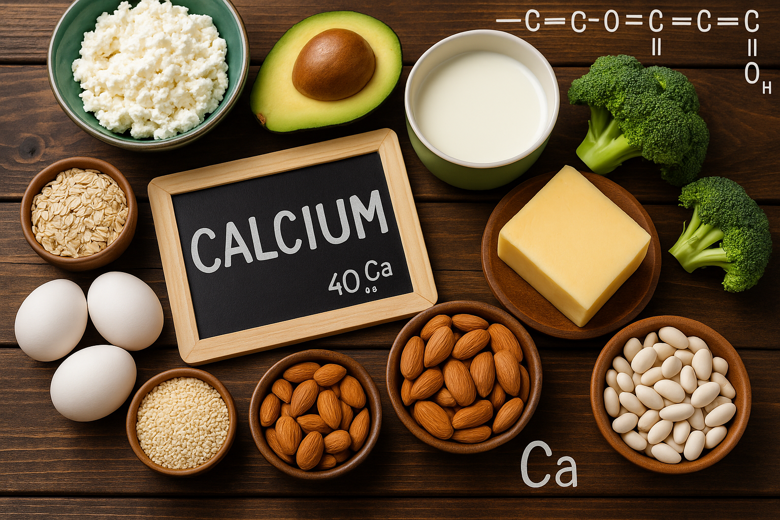 Calciumrijke voeding op houten tafel – natuurlijke bronnen van calcium zoals melk, yoghurt, kaas, amandelen en broccoli, belangrijk voor botten en tanden.