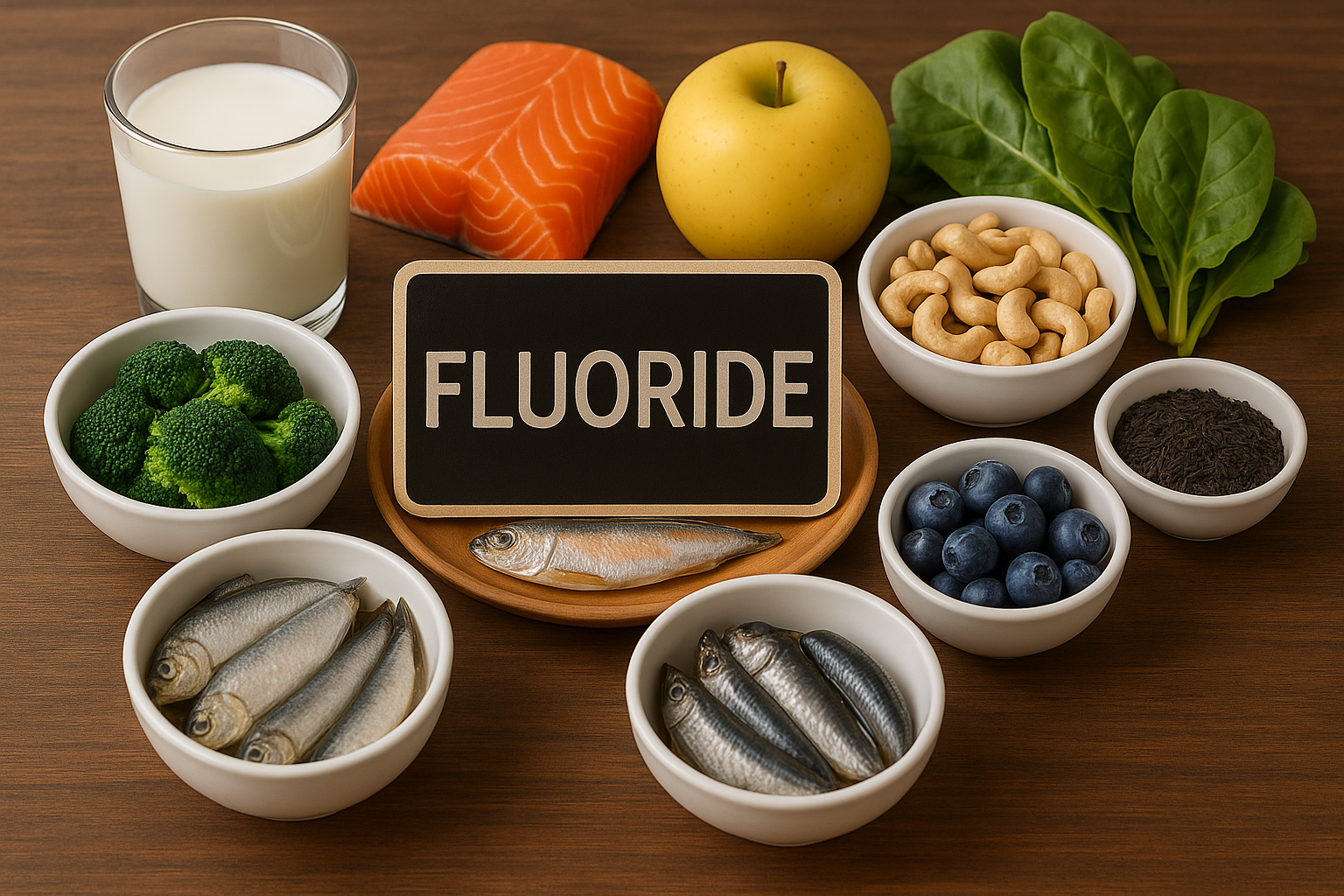 Voedingsmiddelen rijk aan fluoride, zoals vis, melk, spinazie en appels.
