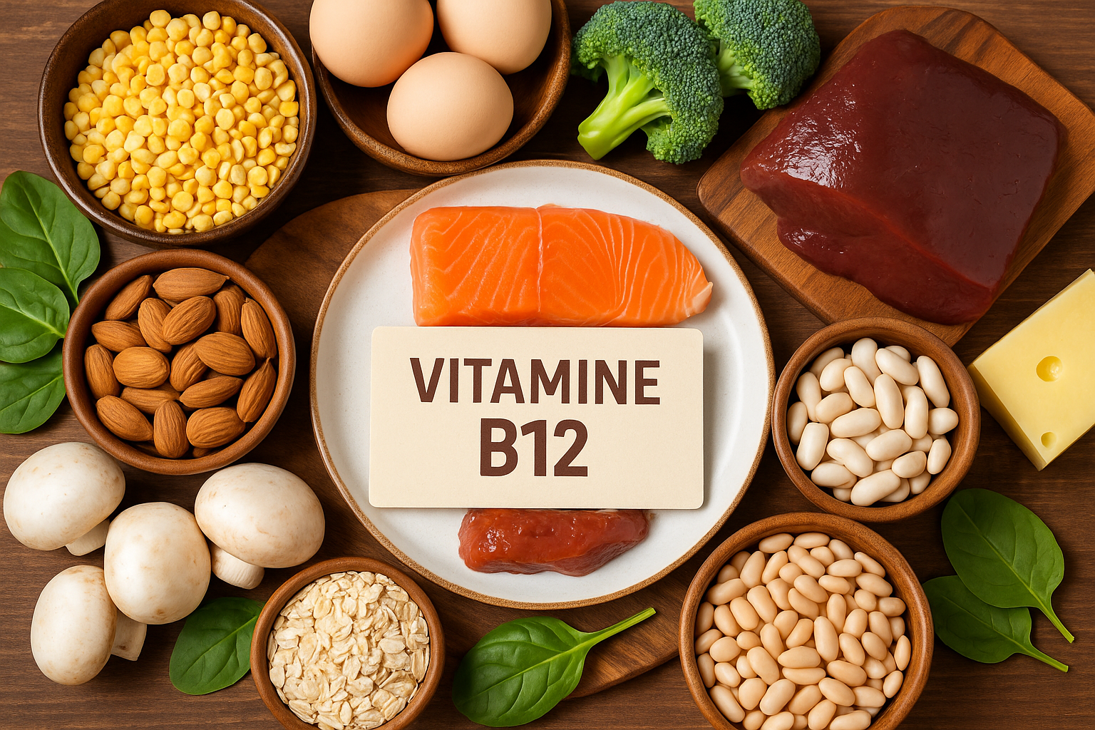 Voedingsmiddelen die rijk zijn aan vitamine B12, zoals eieren, vis, vlees, zuivel en verrijkte producten.