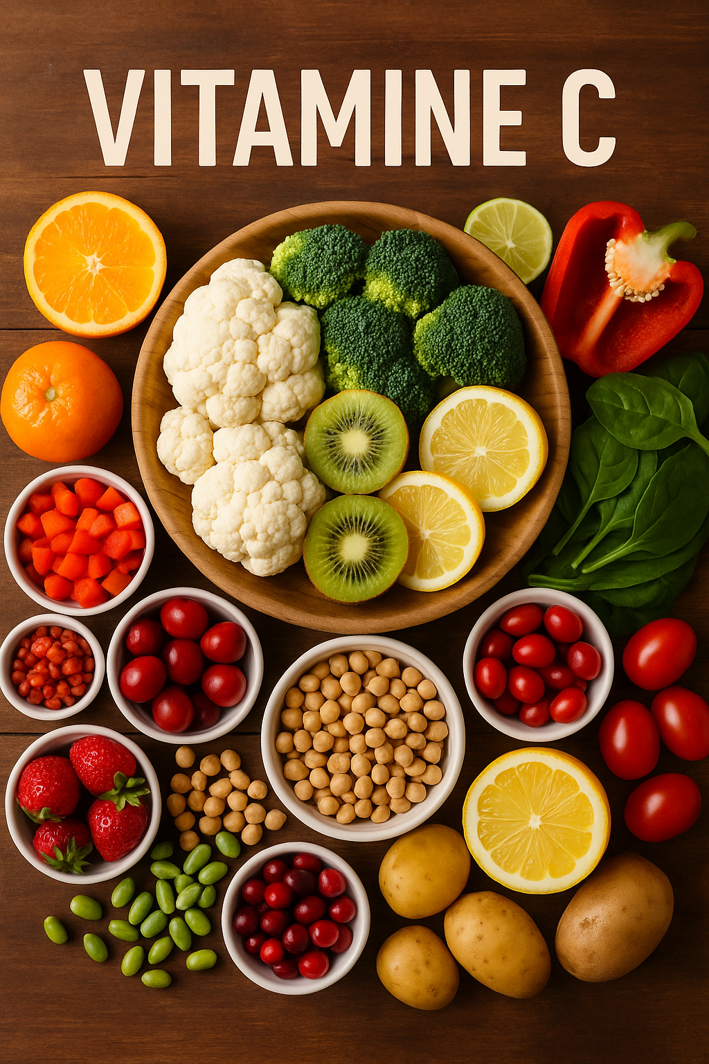 Voedingsmiddelen die rijk zijn aan vitamine C, zoals citrusfruit, kiwi, aardbeien, paprika, mango en bladgroenten.