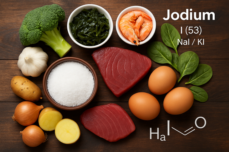 Voedingsmiddelen rijk aan jodium, zoals zeewier, vis, eieren en zuivel op houten ondergrond.