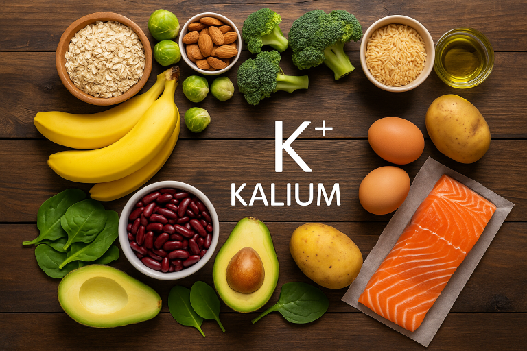 Voedingsmiddelen rijk aan kalium, zoals bananen, avocado, aardappelen en spinazie.