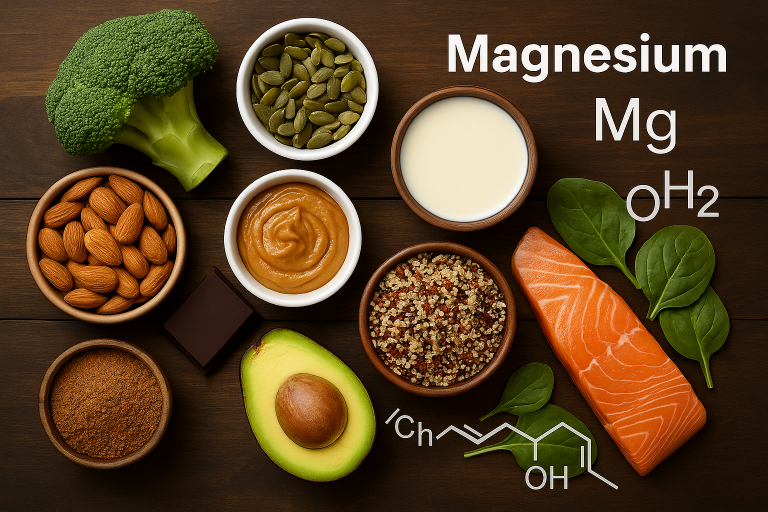 Voedingsmiddelen rijk aan magnesium, zoals noten, zaden, bladgroenten en volkorenproducten.