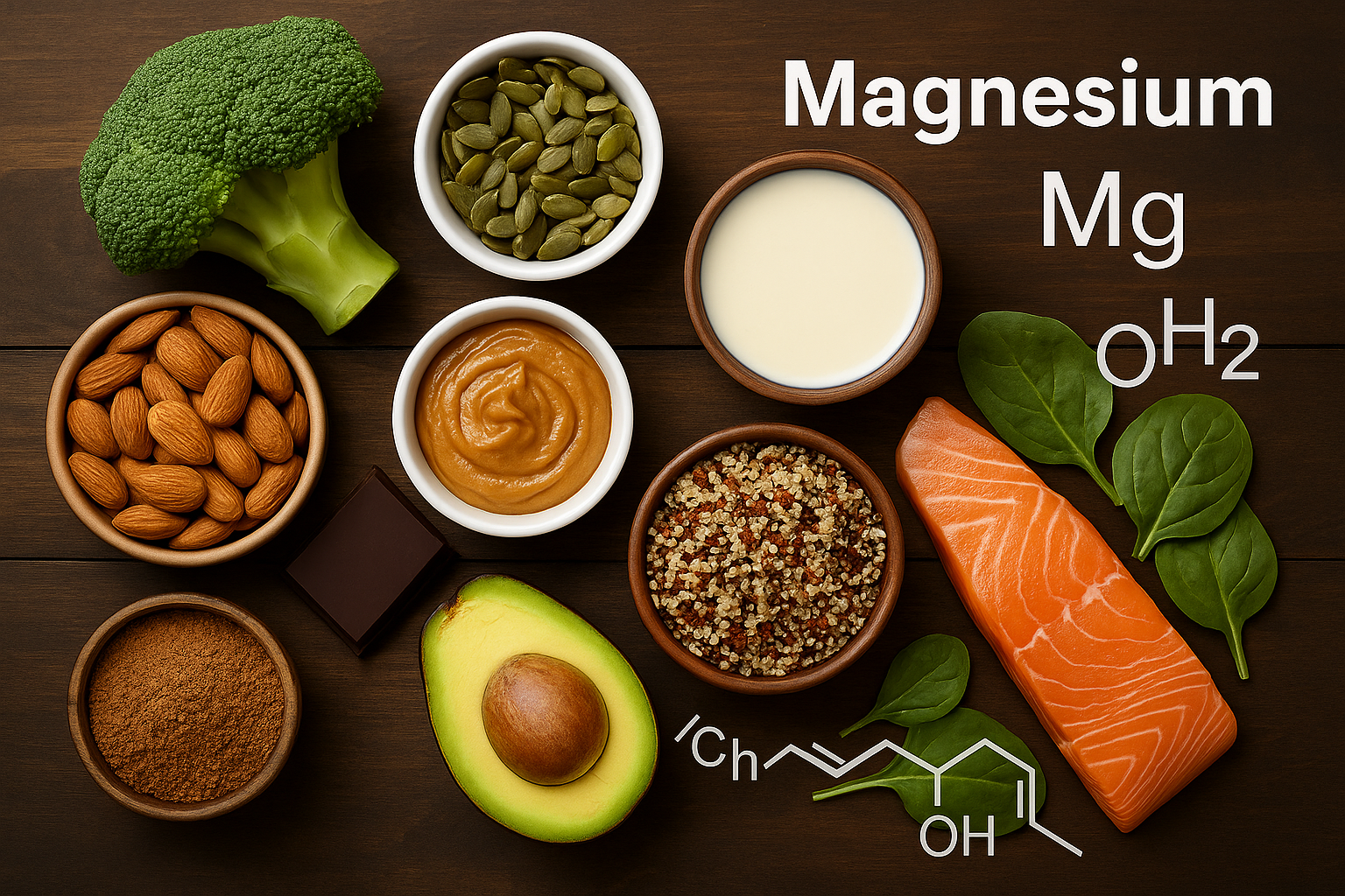 Voedingsmiddelen rijk aan magnesium, zoals noten, zaden, bladgroenten en volkorenproducten.