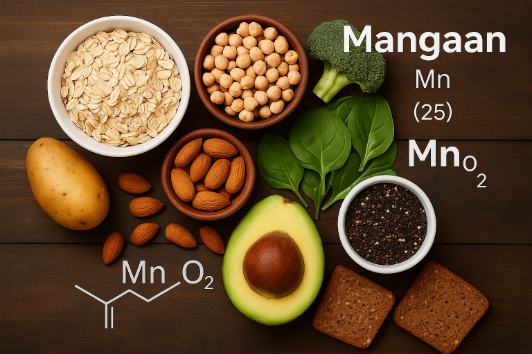 Voedingsmiddelen rijk aan mangaan, zoals volkoren granen, noten, zaden en bladgroenten.