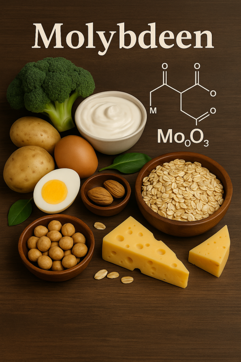 Voedingsmiddelen rijk aan molybdeen, zoals linzen, haver, noten, kaas, eieren en broccoli.