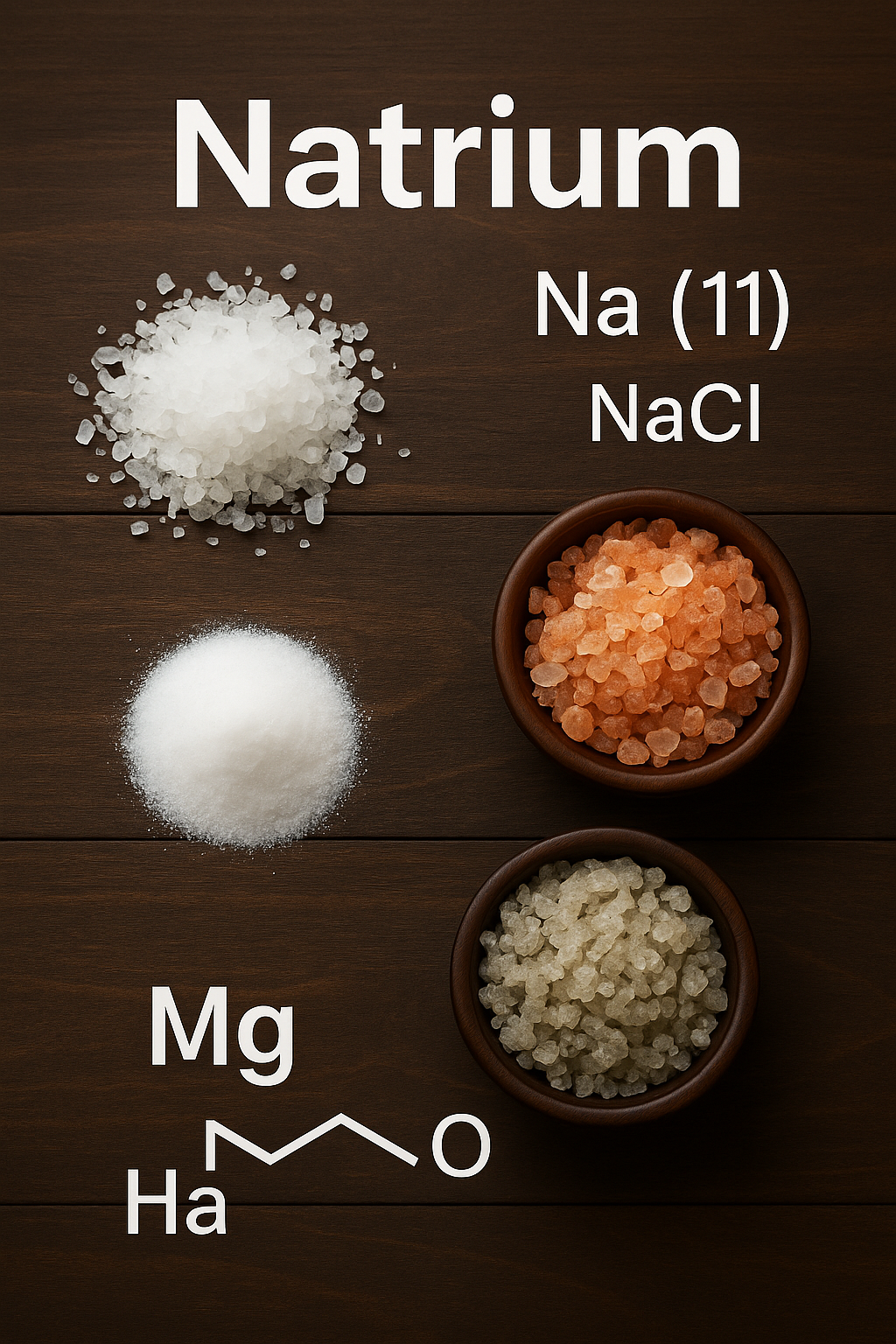 Verschillende soorten zout met natrium, zoals zeezout, Himalayazout en keukenzout.