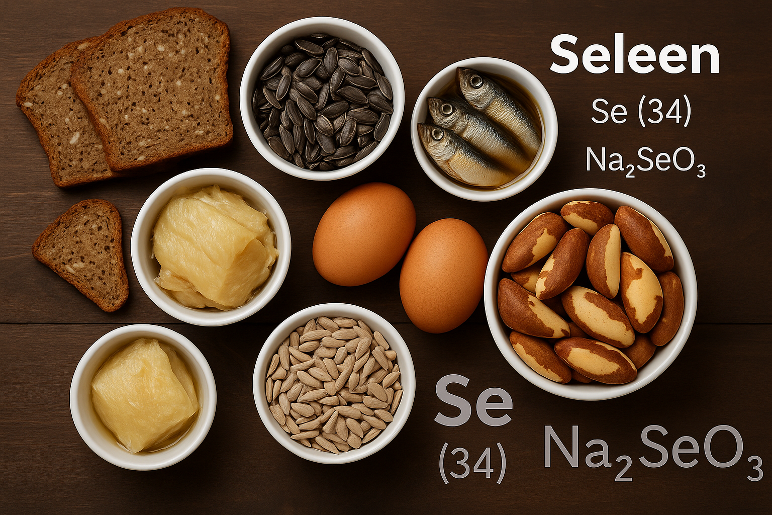 Voedingsmiddelen rijk aan selenium, zoals paranoten, eieren, zaden en volkoren granen.