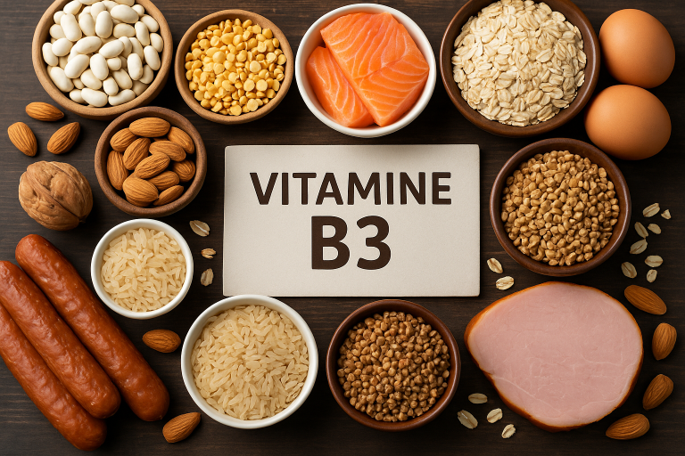 Voedingsmiddelen rijk aan vitamine B3 zoals noten, vis en volkoren producten