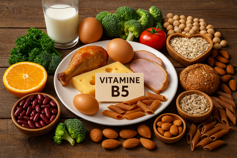 oedingsmiddelen met vitamine B5 (pantotheenzuur) zoals eieren, noten, zalm en avocado – belangrijk voor energie, stress en herstel.
