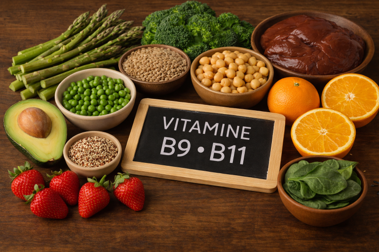 Voedingsmiddelen die rijk zijn aan vitamine B9 en B11, zoals groene bladgroenten, peulvruchten, aardappelen, mais en zaden.