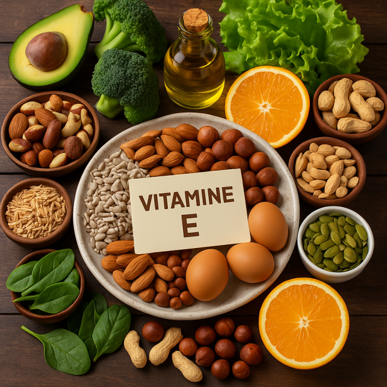 Voedingsmiddelen die rijk zijn aan vitamine E, zoals noten, zaden, avocado, spinazie en plantaardige oliën.