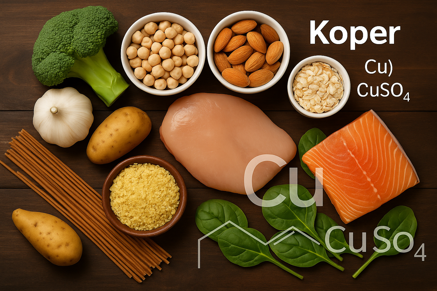 Voedingsmiddelen rijk aan koper, zoals noten, zaden, cacao en volkoren granen.