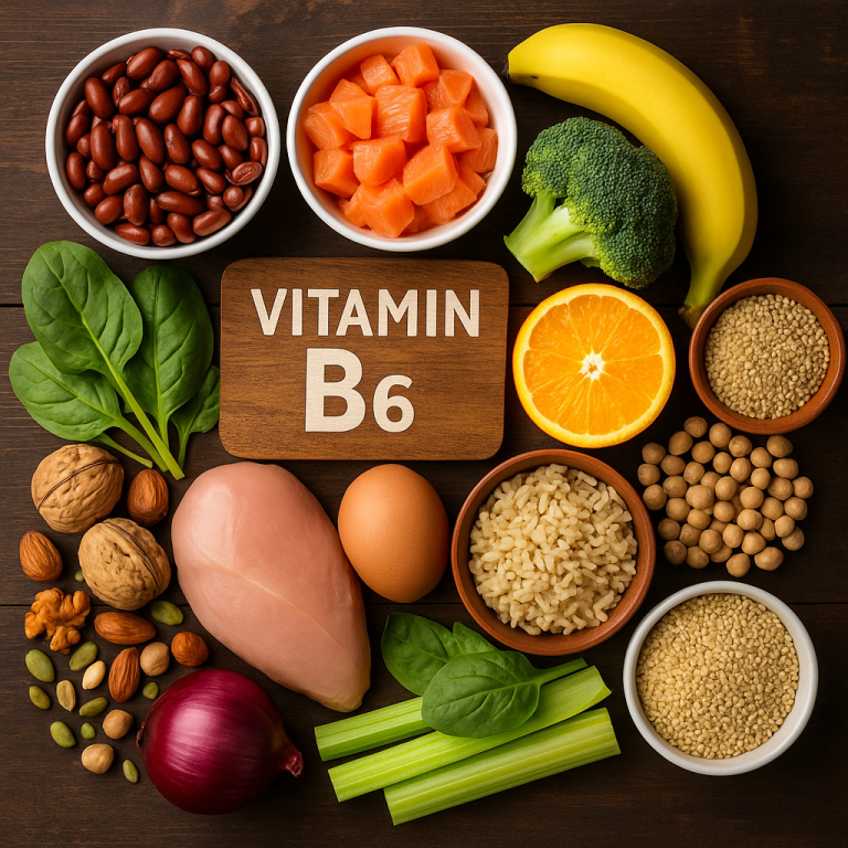 Vitamine B6 (Pyridoxine) Voedingsmiddelen die rijk zijn aan vitamine B6, zoals bananen, noten, peulvruchten, groenten en zaden.