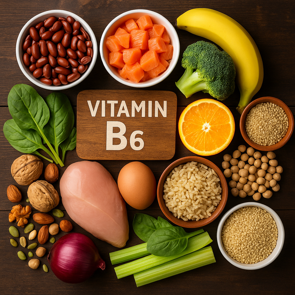 Vitamine B6 (Pyridoxine) Voedingsmiddelen die rijk zijn aan vitamine B6, zoals bananen, noten, peulvruchten, groenten en zaden.