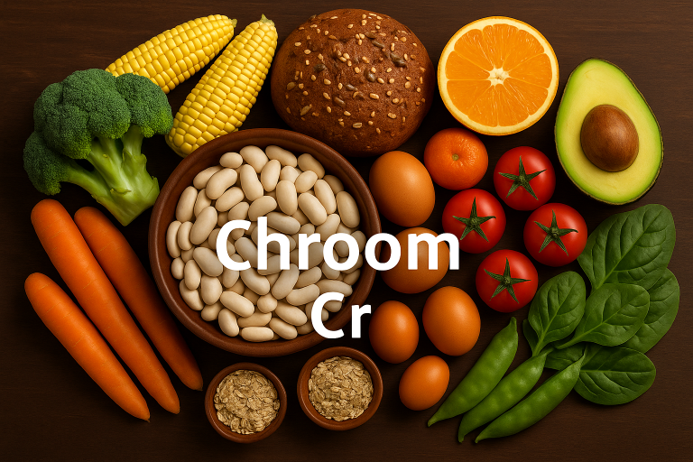 Voedingsmiddelen rijk aan chroom, belangrijk voor bloedsuikerbalans en energie.