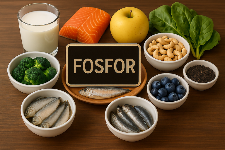 Voedingsmiddelen rijk aan fosfor: melk, zalm, appel, broccoli, blauwe bessen, cashewnoten, spinazie en vis.