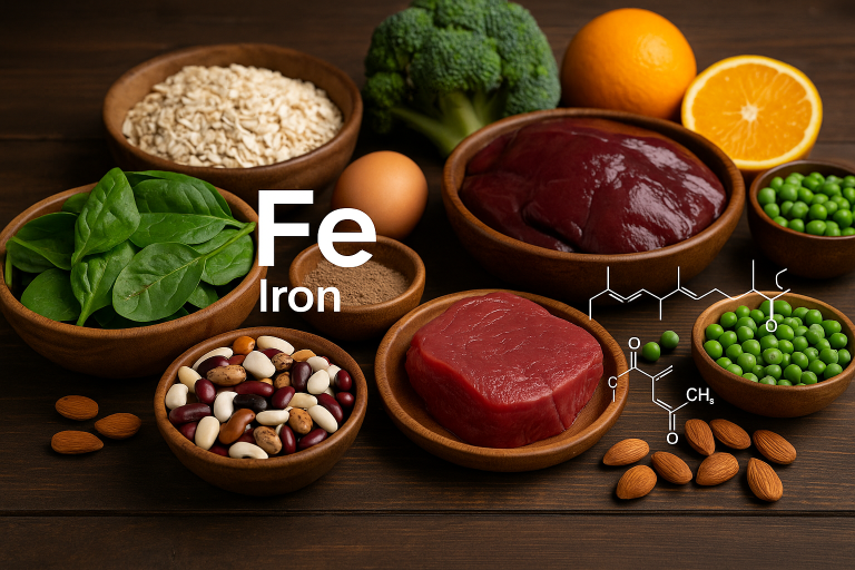 Voedingsmiddelen rijk aan ijzer, zoals spinazie, linzen, vlees en noten op houten tafel.