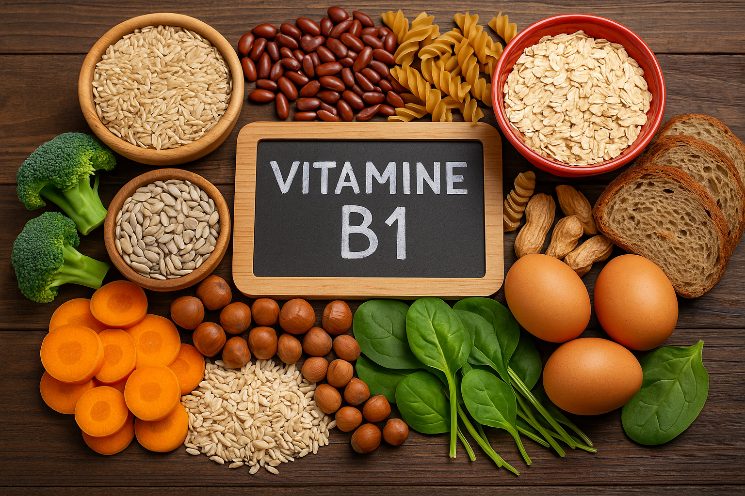 Voedingsmiddelen met vitamine B1 (thiamine) zoals volkoren granen, eieren en peulvruchten – belangrijk voor energie en zenuwstelsel.