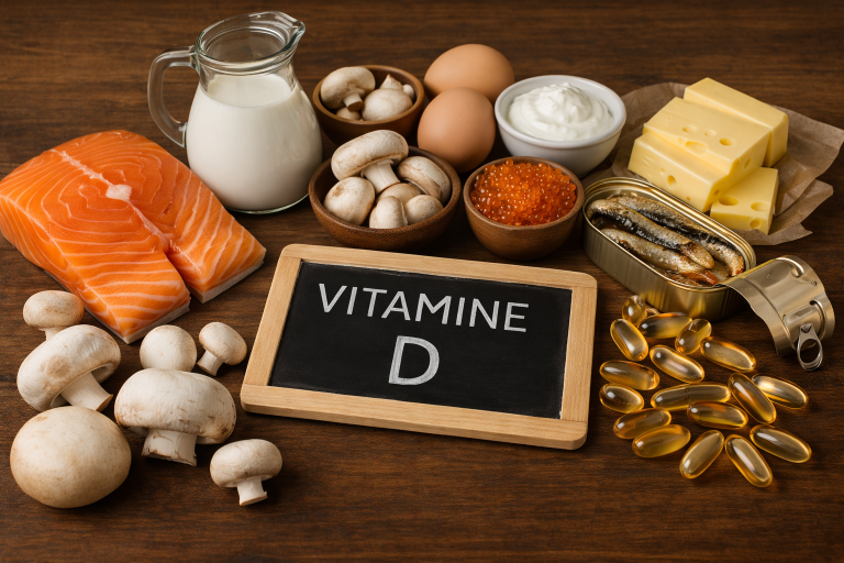 Voedingsmiddelen die rijk zijn aan vitamine D, zoals eieren, vis, kaas, citroen, broccoli, champignons en noten.