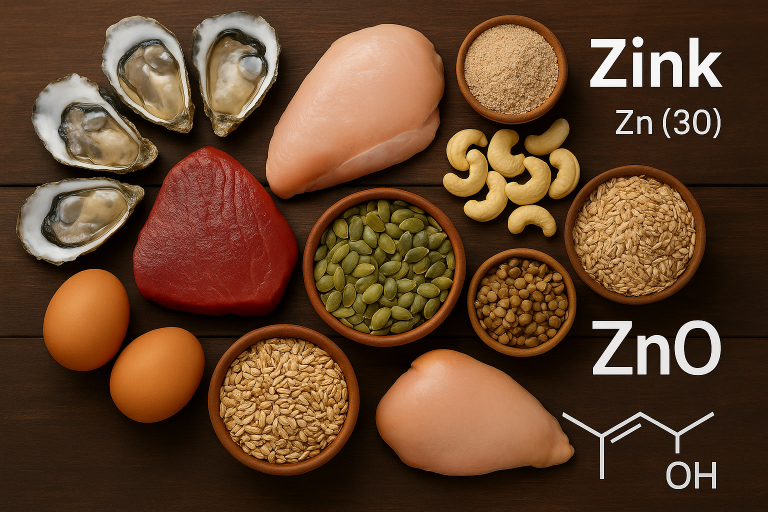 Voedingsmiddelen rijk aan zink, zoals noten, zaden, eieren, vlees en volkoren granen.