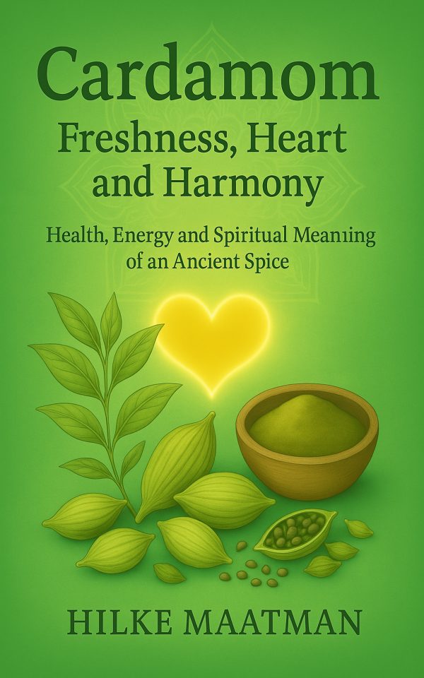Book cover of “Cardamom – Freshness, Heart and Harmony” by Hilke Maatman – Healthy Nutrition & Herbs.