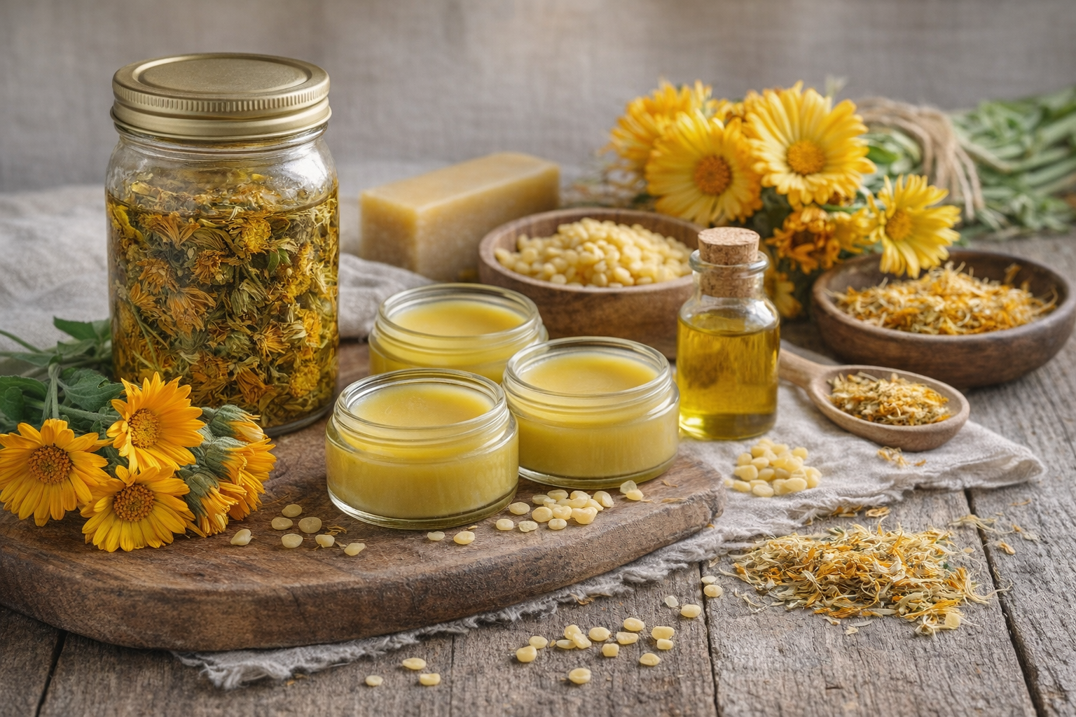 Calendula zalf maken met goudsbloem, olie en bijenwas